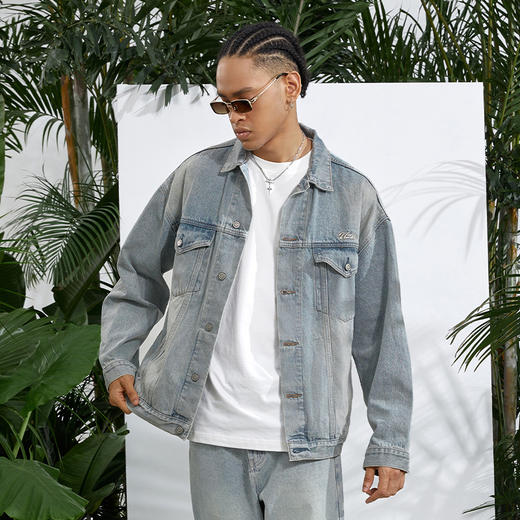 有志者UZIS美式牛仔外套男复古水洗做旧宽松运动休闲秋季夹克青秀 商品图2