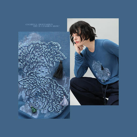 COCOBELLA重工刺绣印花流苏T恤亲肤舒适长袖上衣TS921 商品图2