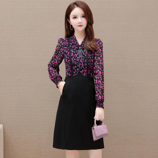 QYM MWA06-1-Y拼结假两件连衣裙时尚木耳印花裙 商品图0