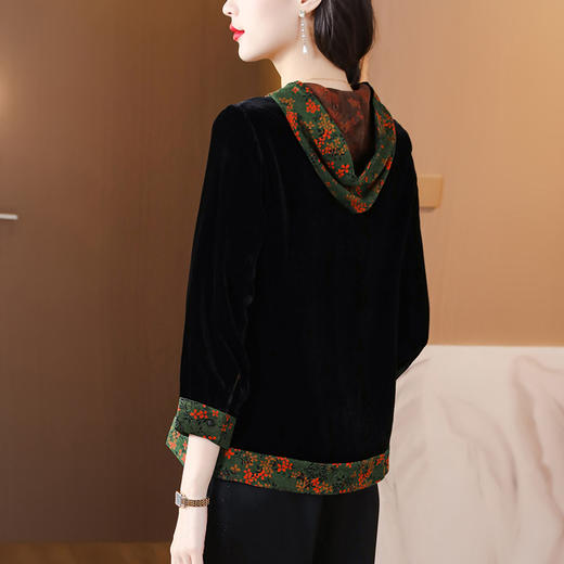 AHMss3159 新中式复古金丝绒黑色衬衫女2023秋季新款中国风印花显瘦连帽上衣 商品图3