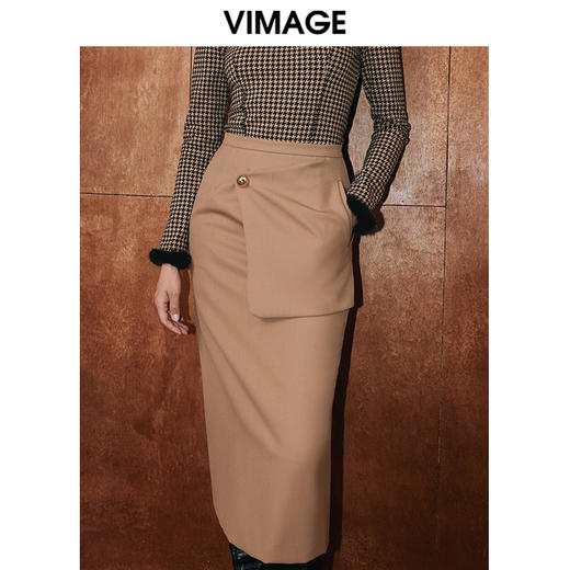 VIMAGE纬漫纪冬季新品高腰纯色显瘦设计小众半身裙V2006619 商品图3