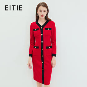 EITIE爱特爱冬季新款通勤洋气撞色V领显瘦百搭连衣裙女7207919