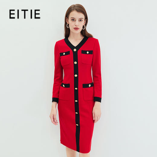 EITIE爱特爱冬季新款通勤洋气撞色V领显瘦百搭连衣裙女7207919 商品图0