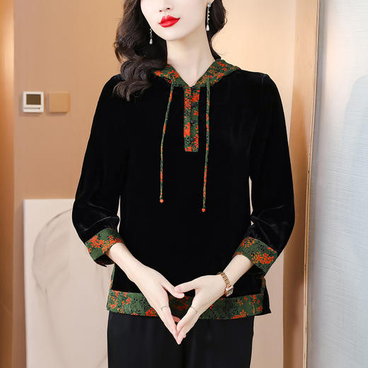AHMss3159 新中式复古金丝绒黑色衬衫女2023秋季新款中国风印花显瘦连帽上衣 商品图1
