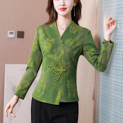 秋季新款，复古风套头衫v领修身提花衬衫百搭显瘦印花上衣KQL-435H5225 商品图3