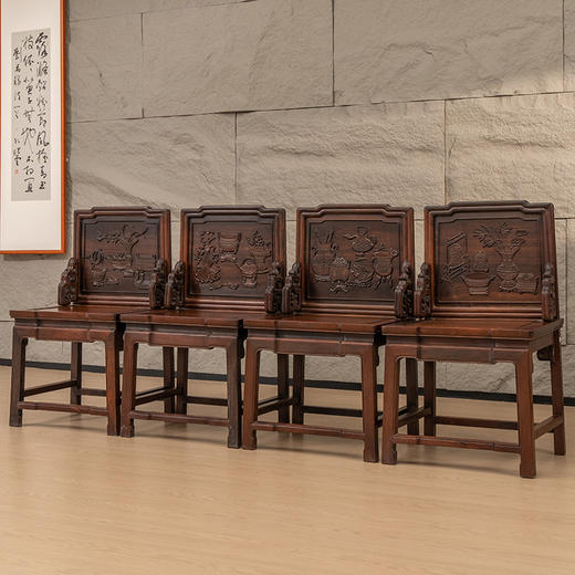 清 红木浮雕博古清供图背屏椅成堂（一堂四件） 商品图4