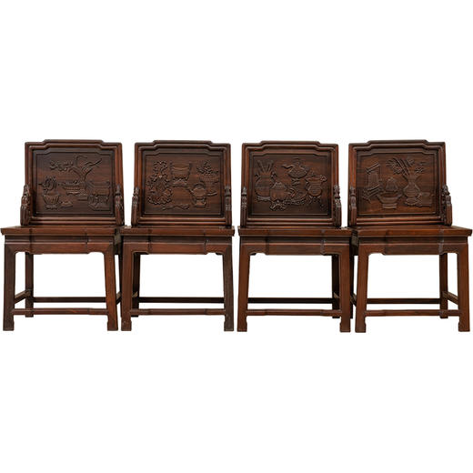 清 红木浮雕博古清供图背屏椅成堂（一堂四件） 商品图5