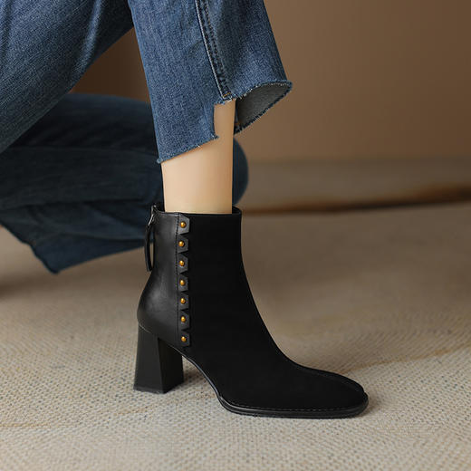 方头粗跟翻皮高跟鞋，时尚气质马丁靴YT-957-8 商品图3