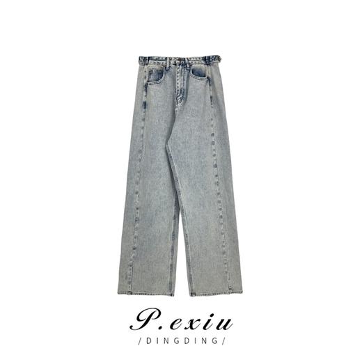 03-5潘依绣丁丁宠粉潘依绣丁丁设计款双扣休闲百搭显瘦浅蓝色直筒牛仔裤  D5756 商品图0