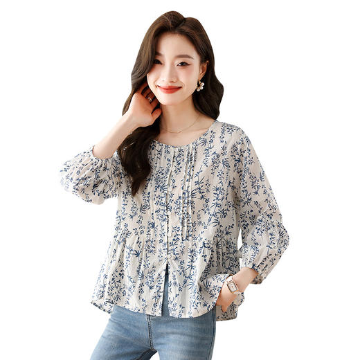 秋季新款，七分袖别致上衣女设计感小众洋气时尚碎花雪纺衬衫KQL-310H622 商品图4