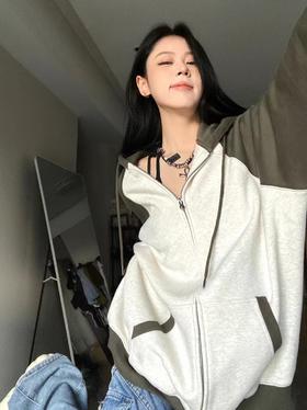 【撞色连帽衫卫衣】春秋季冷淡风   宽松百搭薄款拉链外套  ins潮