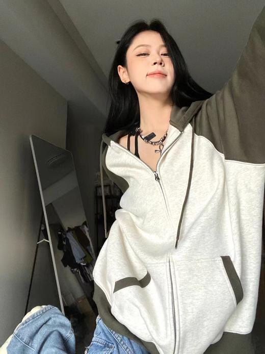 【撞色连帽衫卫衣】春秋季冷淡风   宽松百搭薄款拉链外套  ins潮 商品图0