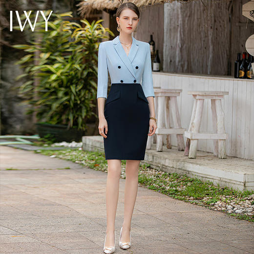 IWY/气质拼接西装连衣裙女中袖职业裙装假两件中袖套裙酒店接待工作服Q1000 商品图0