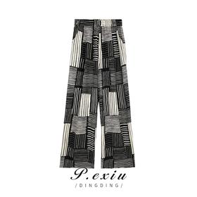 04-1潘依绣丁丁宠粉夏季宽松复古松紧腰条纹印花直筒休闲裤 WH23060