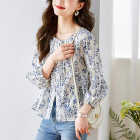 秋季新款，七分袖别致上衣女设计感小众洋气时尚碎花雪纺衬衫KQL-310H622