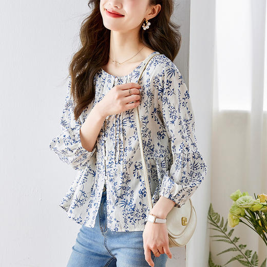 秋季新款，七分袖别致上衣女设计感小众洋气时尚碎花雪纺衬衫KQL-310H622 商品图0