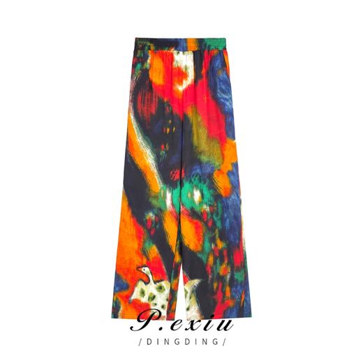 01-1潘依绣丁丁宠粉【生如夏花】油画色彩撞色休闲阔腿休闲裤 W-61428 商品图0