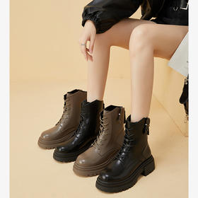 西遇厚底马丁靴女新款秋冬英伦风机车骑士靴中筒黑色粗跟短靴D2033975
