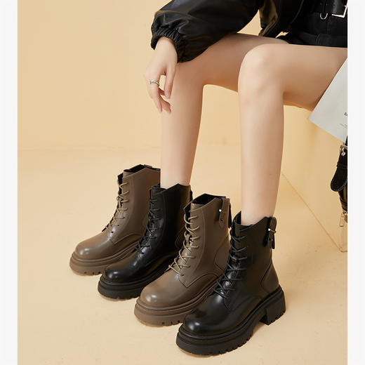 西遇厚底马丁靴女新款秋冬英伦风机车骑士靴中筒黑色粗跟短靴D2033975 商品图0
