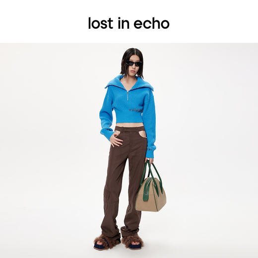 lost in echo设计师品牌小众拉链高翻领修身短款撞色线迹短款毛衣 商品图4