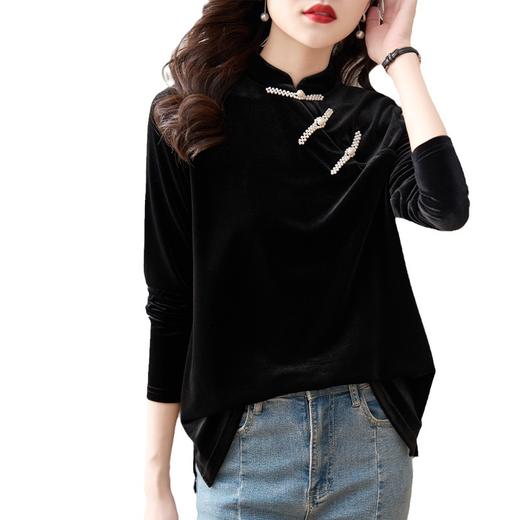 复古立领改良旗袍衬衫，秋冬新款中国风金丝绒珍珠链黑色上衣AHM-ymd1031 商品图4