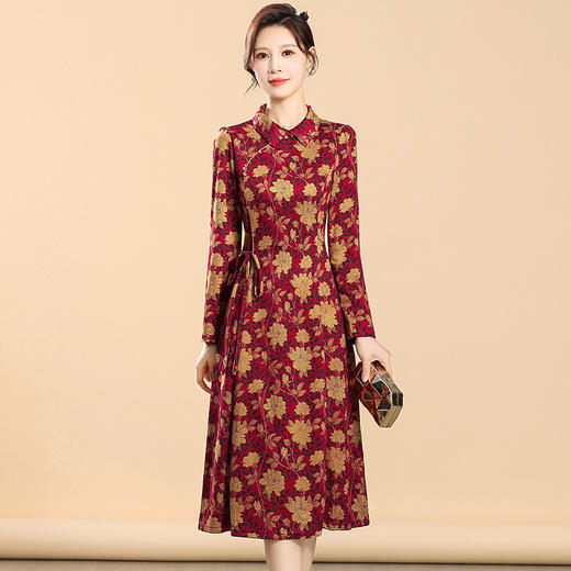 优雅时尚，秋款中长款印花连衣裙翻领长袖通勤气质妈妈装A字裙QYM-XQD-2C23132-L 商品图0
