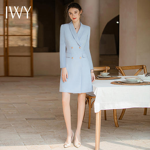 IWY/秋冬款长袖西装连衣裙女气质显白蓝色职业裙美容院上班工作服Q1019 商品图3