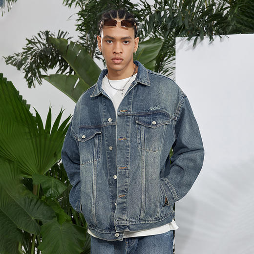 有志者UZIS美式牛仔外套男复古水洗做旧宽松运动休闲秋季夹克青秀 商品图1