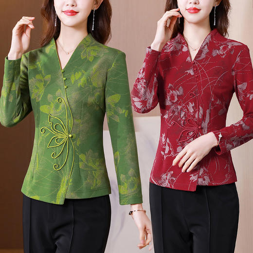 秋季新款，复古风套头衫v领修身提花衬衫百搭显瘦印花上衣KQL-435H5225 商品图0