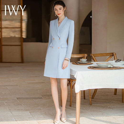 IWY/秋冬款长袖西装连衣裙女气质显白蓝色职业裙美容院上班工作服Q1019 商品图0