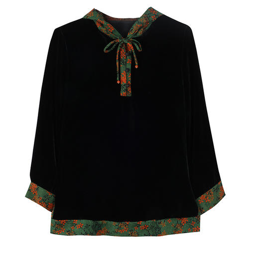 AHMss3159 新中式复古金丝绒黑色衬衫女2023秋季新款中国风印花显瘦连帽上衣 商品图4