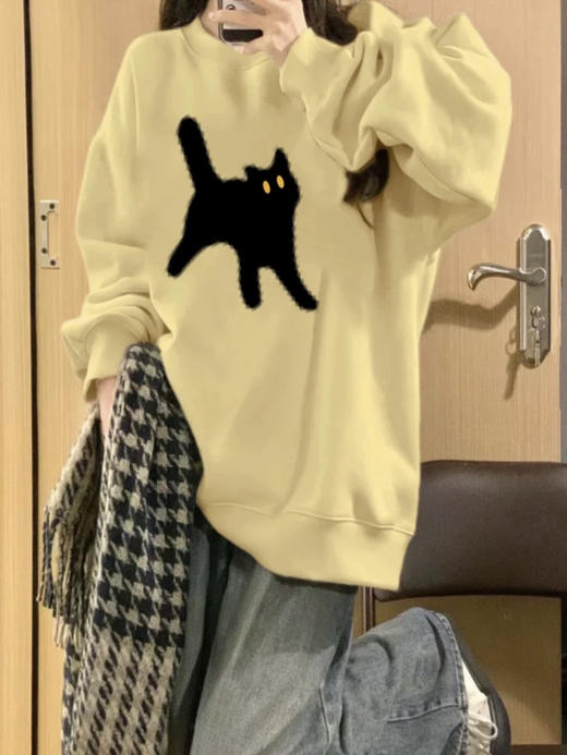 【奶黄色圆领卫衣】小个子春秋薄款   慵懒风宽松外套  美式复古 猫咪印花 商品图2