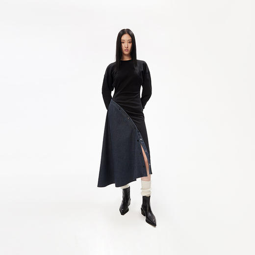 lost in echo设计师品牌阔肩开衩收腰不规则拼接A型卫衣连衣裙女 商品图0