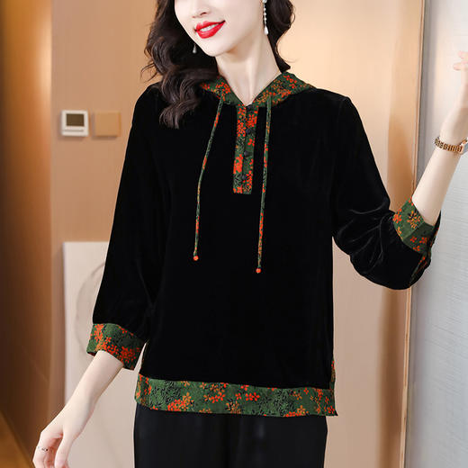 AHMss3159 新中式复古金丝绒黑色衬衫女2023秋季新款中国风印花显瘦连帽上衣 商品图2