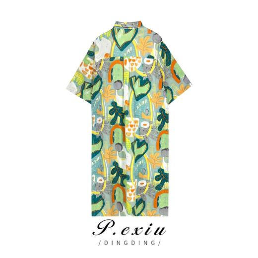 03-3潘依绣丁丁宠粉【现货】0610 夏季新款印花宽松时尚休闲百搭长款短袖衬衫 Q16251 商品图1