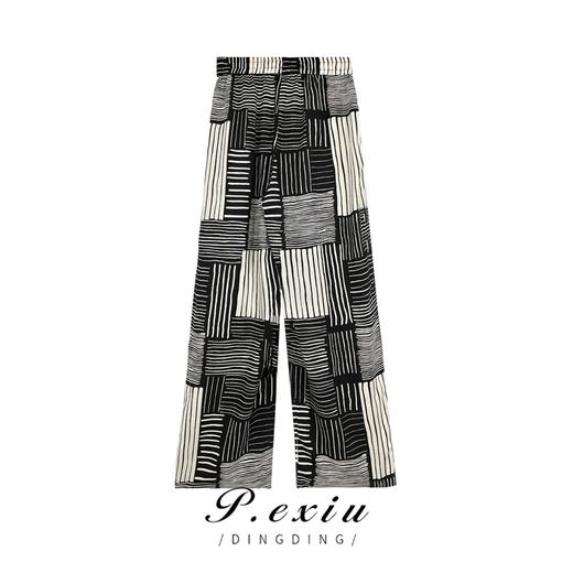 04-1潘依绣丁丁宠粉夏季宽松复古松紧腰条纹印花直筒休闲裤 WH23060 商品图1