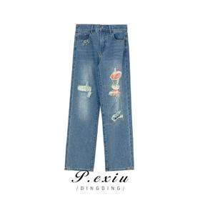 A009潘依绣丁丁宠粉PanYiXiu/潘依绣【牛仔乐队】设计款宽松破洞哈伦牛仔裤 D5800