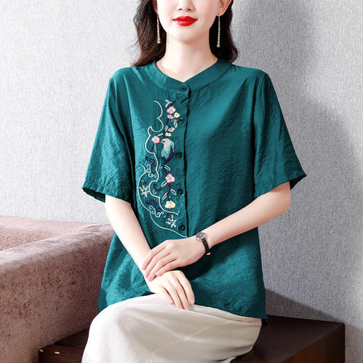 DD-新款五分袖棉麻刺绣宽松大码唐装衬衫衬衣 商品图1