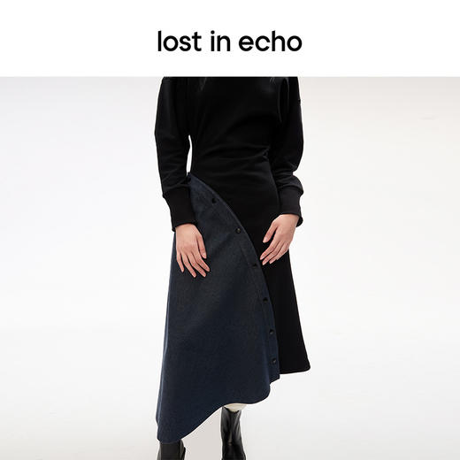 lost in echo设计师品牌阔肩开衩收腰不规则拼接A型卫衣连衣裙女 商品图3