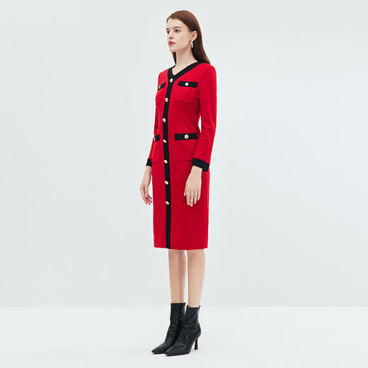 EITIE爱特爱冬季新款通勤洋气撞色V领显瘦百搭连衣裙女7207919 商品图1