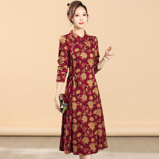 优雅时尚，秋款中长款印花连衣裙翻领长袖通勤气质妈妈装A字裙QYM-XQD-2C23132-L 商品图2