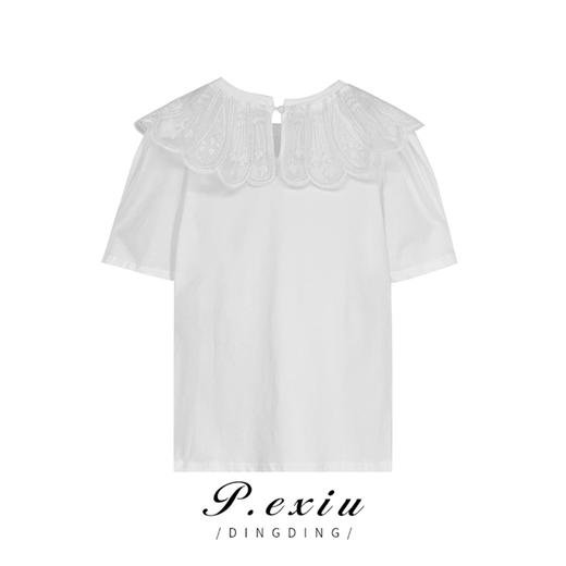03-3潘依绣丁丁宠粉【现货】0610夏季纯色简约时尚休闲蕾丝娃娃领短袖T恤 Q1702 商品图1