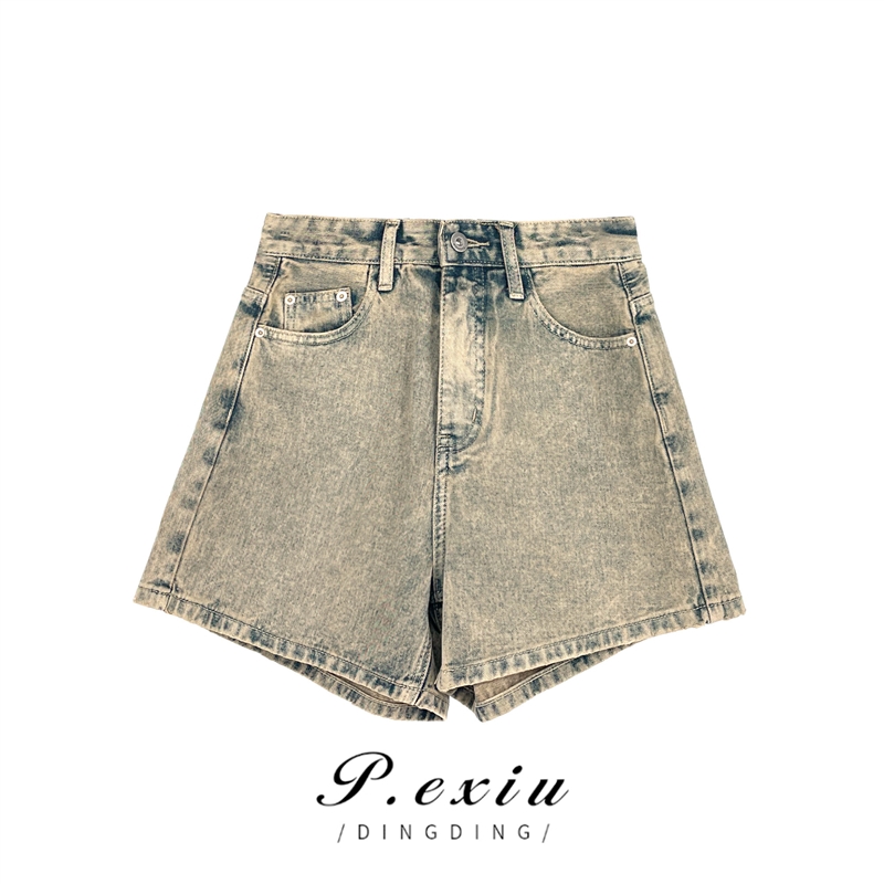 03-4潘依绣丁丁宠粉夏季时尚复古潮流重工高腰洗水牛仔短裤 D5838