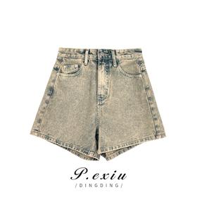 03-4潘依绣丁丁宠粉夏季时尚复古潮流重工高腰洗水牛仔短裤 D5838