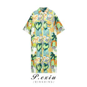 03-3潘依绣丁丁宠粉【现货】0610 夏季新款印花宽松时尚休闲百搭长款短袖衬衫 Q16251