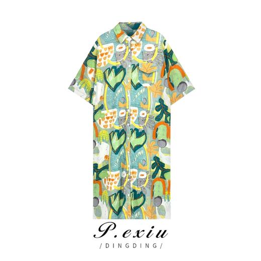 03-3潘依绣丁丁宠粉【现货】0610 夏季新款印花宽松时尚休闲百搭长款短袖衬衫 Q16251 商品图0