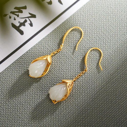 子佩集S925银【玉兰沁心】和田玉耳环【WSC7600】镀金2309 商品图3