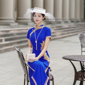 NL-2025新款金色宽边弹力修身大码妈妈演出旗袍礼服 小个子可穿