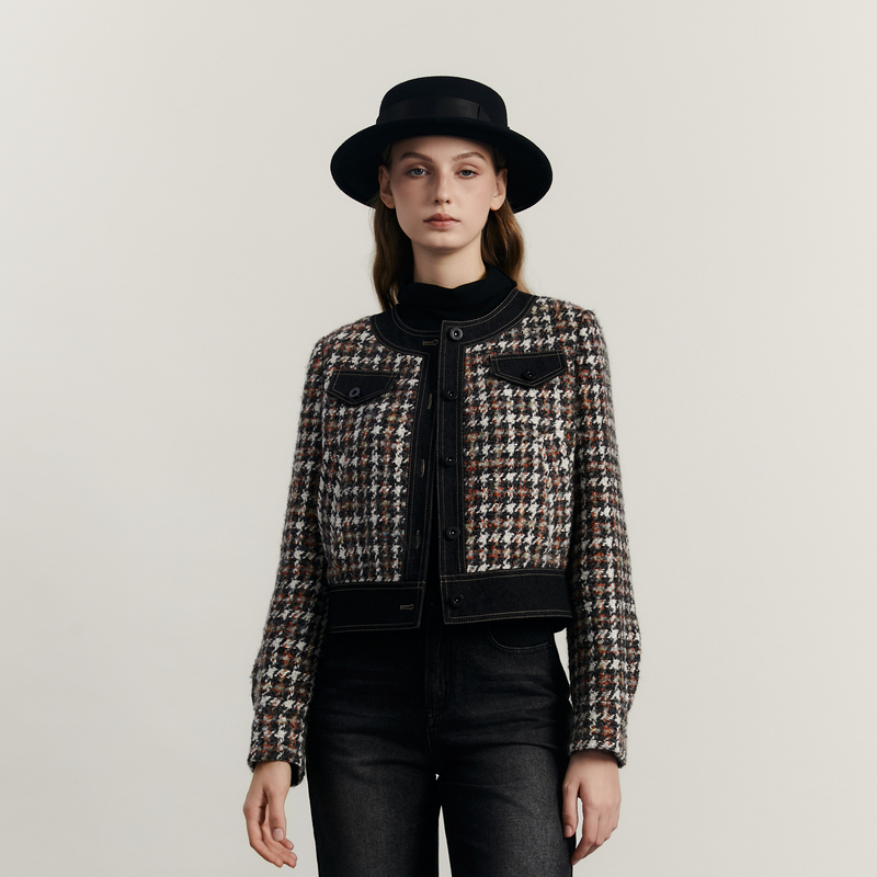 谜底小香风毛呢外套女2023冬季新品时尚拼接短款粗花呢234MW1512