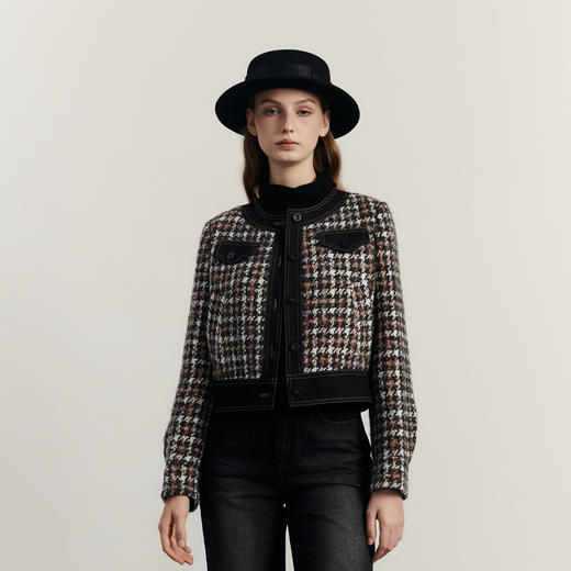 谜底小香风毛呢外套女2023冬季新品时尚拼接短款粗花呢234MW1512 商品图0